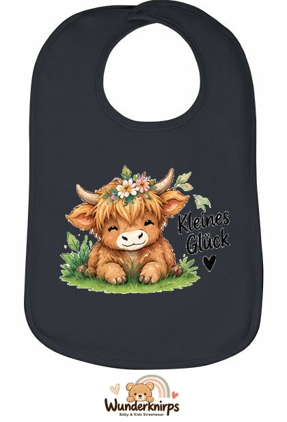 Baby-Lätzchen Olli-01 in Anthrazit mit Motiv Kleines Glück – Hochlandrind