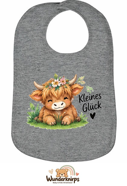 Baby-Lätzchen Olli-01 in Grau meliert mit Motiv Kleines Glück – Hochlandrind