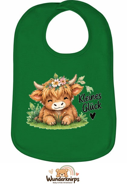 Baby-Lätzchen Olli-01 in Grün mit Motiv Kleines Glück – Hochlandrind