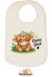 Baby-Lätzchen Olli-01 in Natur mit Motiv Kleines Glück – Hochlandrind