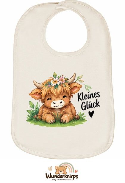 Baby-Lätzchen Olli-01 in Natur mit Motiv Kleines Glück – Hochlandrind