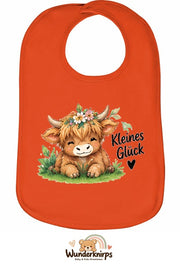 Baby-Lätzchen Olli-01 in Orange mit Motiv Kleines Glück – Hochlandrind