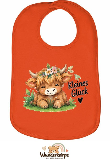 Baby-Lätzchen Olli-01 in Orange mit Motiv Kleines Glück – Hochlandrind