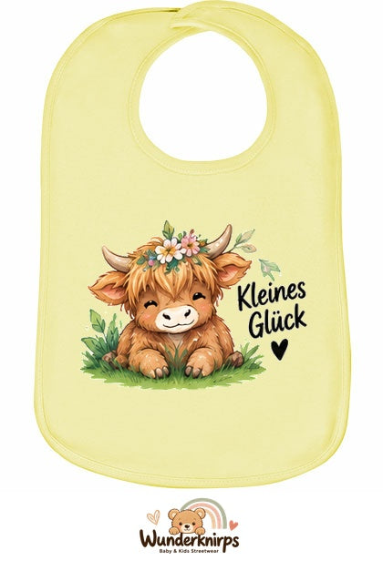 Baby-Lätzchen Olli-01 in Pastellgelb mit Motiv Kleines Glück – Hochlandrind
