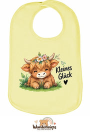 Baby-Lätzchen Olli-01 in Pastellgelb mit Motiv Kleines Glück – Hochlandrind