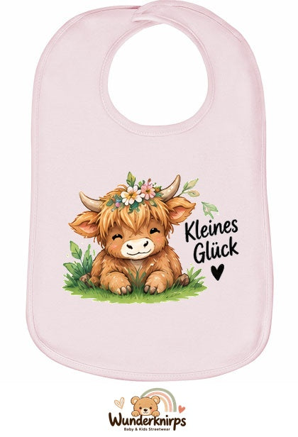 Baby-Lätzchen Olli-01 in Pastellrosa mit Motiv Kleines Glück – Hochlandrind