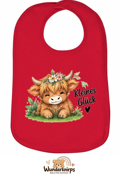 Baby-Lätzchen Olli-01 in Rot mit Motiv Kleines Glück – Hochlandrind