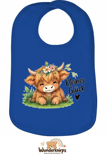Baby-Lätzchen Olli-01 in Royalblau mit Motiv Kleines Glück – Hochlandrind