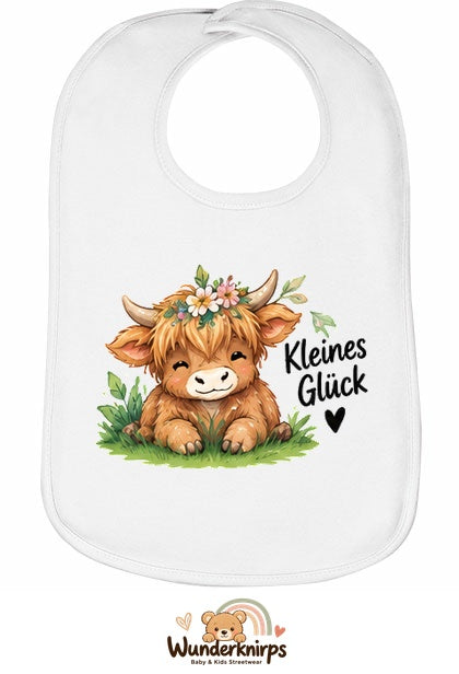 Baby-Lätzchen Olli-01 in Weiß mit Motiv Kleines Glück – Hochlandrind