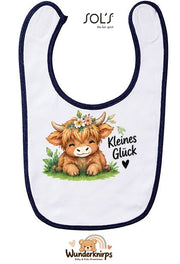 Baby-Lätzchen SOL’S Babib in Weiß / Marineblau mit Motiv Kleines Glück – Hochlandrind