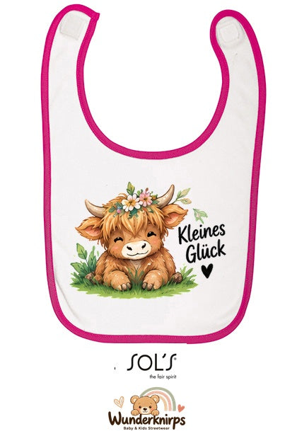 Baby-Lätzchen SOL’S Babib in Weiß / Fuchsia mit Motiv Kleines Glück – Hochlandrind
