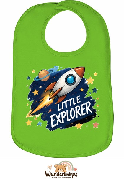 Baby-Lätzchen Olli-01 in Apfelgrün mit Motiv Little Explorer – Rakete