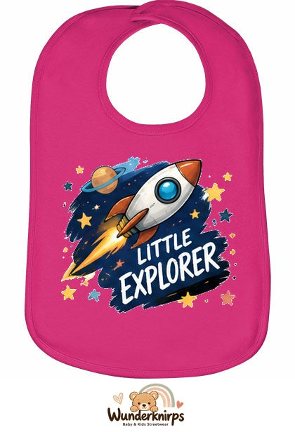 Baby-Lätzchen Olli-01 in Pink mit Motiv Little Explorer – Rakete