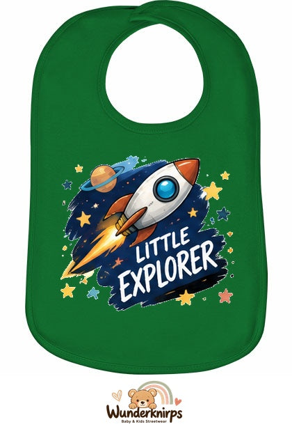 Baby-Lätzchen Olli-01 in Grün mit Motiv Little Explorer – Rakete