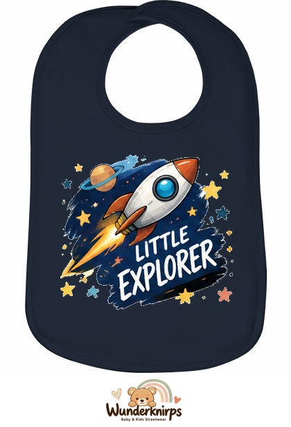 Baby-Lätzchen Olli-01 in Marineblau mit Motiv Little Explorer – Rakete