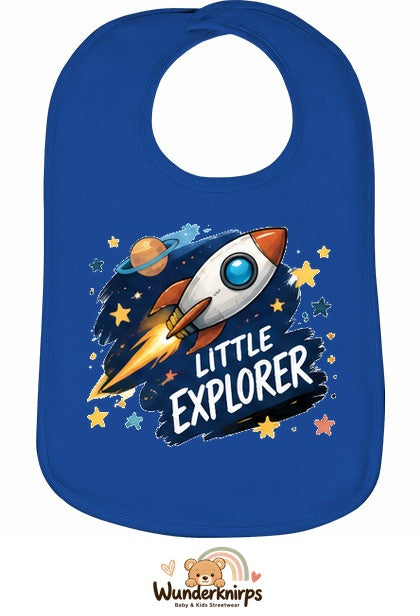 Baby-Lätzchen Olli-01 in Royalblau mit Motiv Little Explorer – Rakete