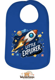 Baby-Lätzchen Olli-01 in Royalblau mit Motiv Little Explorer – Rakete