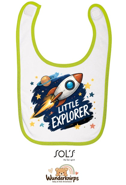 Baby-Lätzchen SOL’S Babib in Weiß / Apfelgrün mit Motiv Little Explorer – Rakete