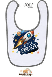 Baby-Lätzchen SOL’S Babib in Weiß / Grau meliert mit Motiv Little Explorer – Rakete