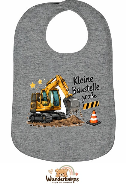 Baby-Lätzchen Olli-01 in Grau meliert mit Motiv Kleine Baustelle, große Pläne