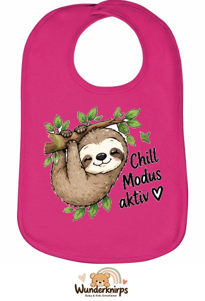 Baby-Lätzchen Olli-01 in Pink mit Motiv Chill-Modus aktiv – Faultier