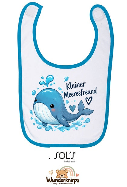 Baby-Lätzchen SOL’S Babib in Weiß / Aqua mit Motiv Kleiner Meeresfreund – Wal