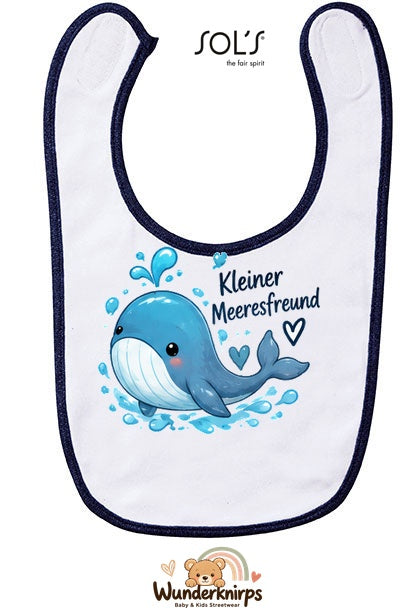 Baby-Lätzchen SOL’S Babib in Weiß / Marineblau mit Motiv Kleiner Meeresfreund – Wal