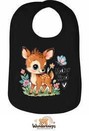 Baby-Lätzchen Olli-01 in Schwarz mit Motiv Naturkind – Reh