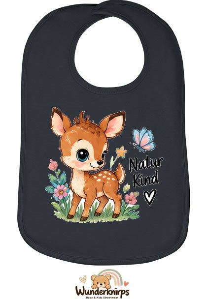 Baby-Lätzchen Olli-01 in Anthrazit mit Motiv Naturkind – Reh