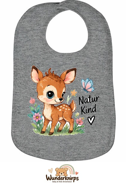 Baby-Lätzchen Olli-01 in Grau meliert mit Motiv Naturkind – Reh