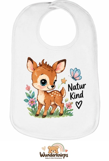 Baby-Lätzchen Olli-01 in Weiß mit Motiv Naturkind – Reh