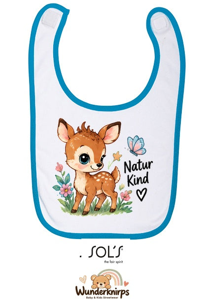 Baby-Lätzchen SOL’S Babib in Weiß / Aqua mit Motiv Naturkind – Reh