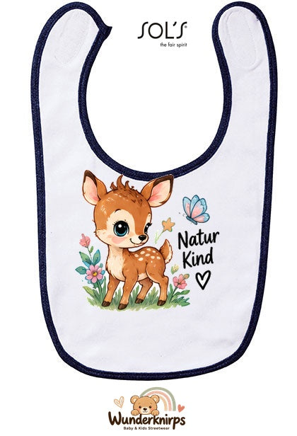 Baby-Lätzchen SOL’S Babib in Weiß / Marineblau mit Motiv Naturkind – Reh