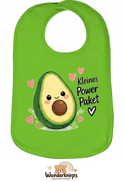 Baby-Lätzchen Olli-01 in Apfelgrün mit Motiv Kleines Powerpaket – Avocado