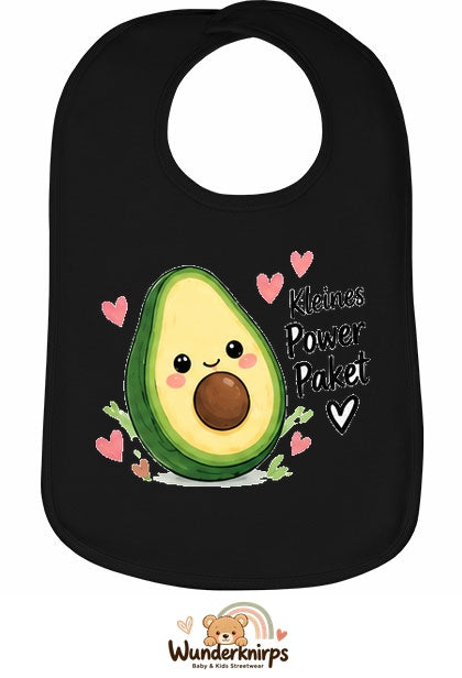 Baby-Lätzchen Olli-01 in Schwarz mit Motiv Kleines Powerpaket – Avocado
