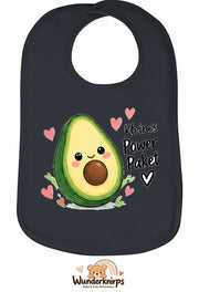 Baby-Lätzchen Olli-01 in Anthrazit mit Motiv Kleines Powerpaket – Avocado