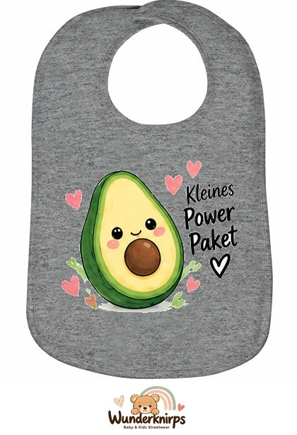 Baby-Lätzchen Olli-01 in Grau meliert mit Motiv Kleines Powerpaket – Avocado