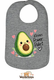 Baby-Lätzchen Olli-01 in Grau meliert mit Motiv Kleines Powerpaket – Avocado