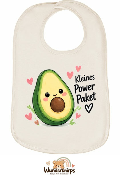 Baby-Lätzchen Olli-01 in Natur mit Motiv Kleines Powerpaket – Avocado