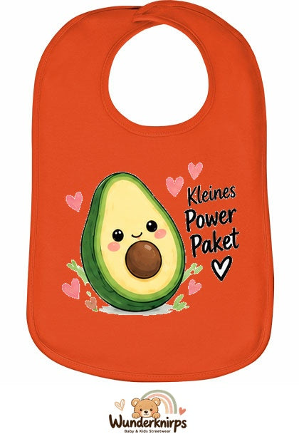 Baby-Lätzchen Olli-01 in Orange mit Motiv Kleines Powerpaket – Avocado