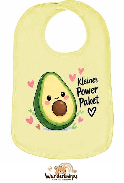Baby-Lätzchen Olli-01 in Pastellgelb mit Motiv Kleines Powerpaket – Avocado