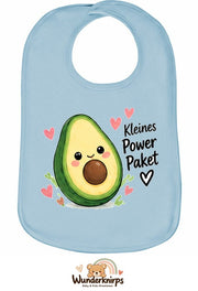Baby-Lätzchen Olli-01 in Pastellblau mit Motiv Kleines Powerpaket – Avocado