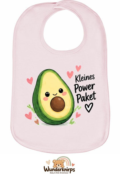Baby-Lätzchen Olli-01 in Pastellrosa mit Motiv Kleines Powerpaket – Avocado