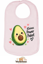 Baby-Lätzchen Olli-01 in Pastellrosa mit Motiv Kleines Powerpaket – Avocado