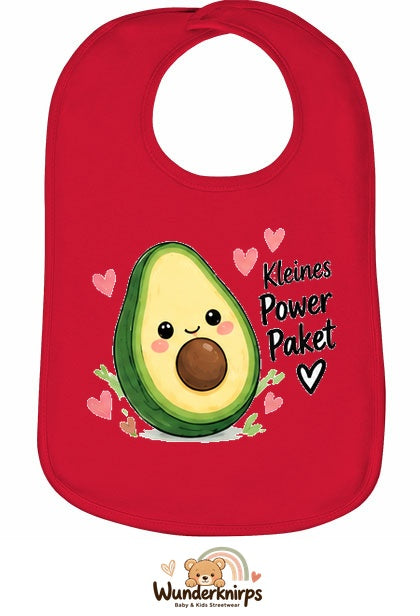 Baby-Lätzchen Olli-01 in Rot mit Motiv Kleines Powerpaket – Avocado