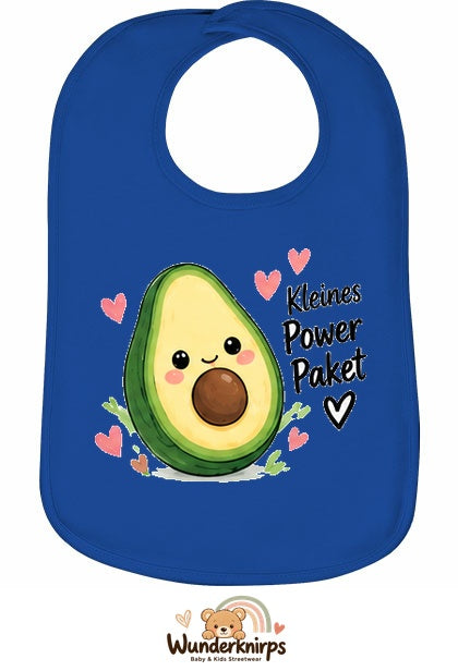 Baby-Lätzchen Olli-01 in Royalblau mit Motiv Kleines Powerpaket – Avocado