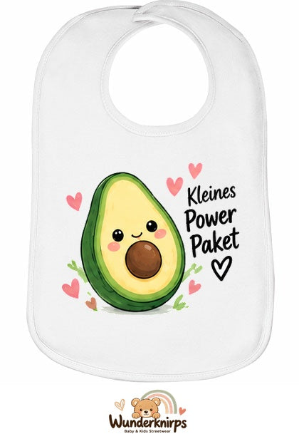 Baby-Lätzchen Olli-01 in Weiß mit Motiv Kleines Powerpaket – Avocado