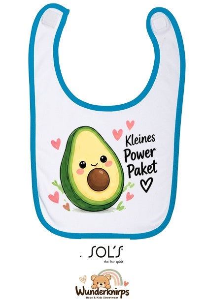 Baby-Lätzchen SOL’S Babib in Weiß / Aqua mit Motiv Kleines Powerpaket – Avocado