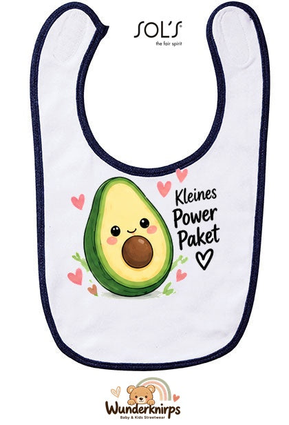 Baby-Lätzchen SOL’S Babib in Weiß / Marineblau mit Motiv Kleines Powerpaket – Avocado