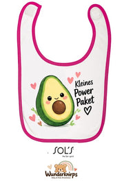 Baby-Lätzchen SOL’S Babib in Weiß / Fuchsia mit Motiv Kleines Powerpaket – Avocado